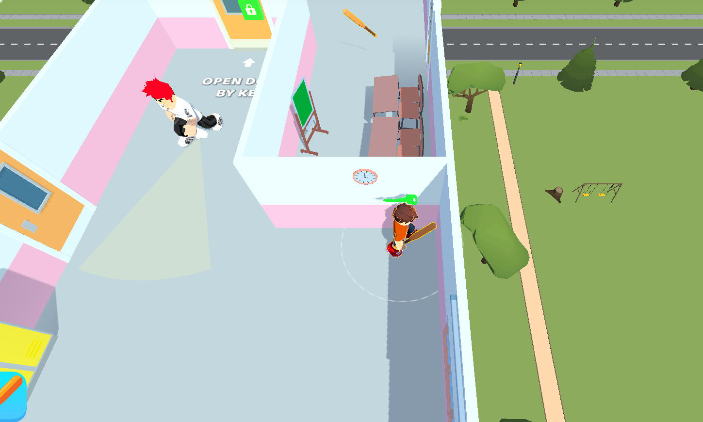 Escape from School 3D gameplay con bate de béisbol y puerta cerrada