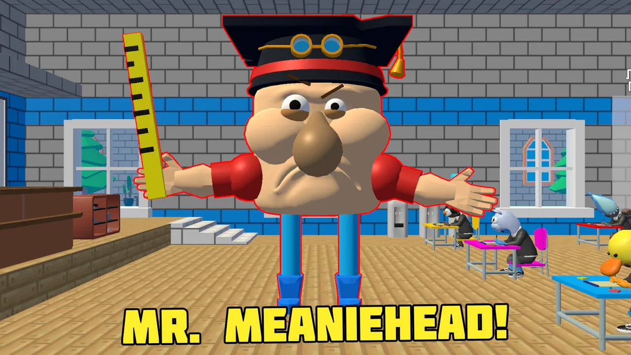 Escape from School: Mr. MeanieHead! teacher holding a ruler inside a classroom