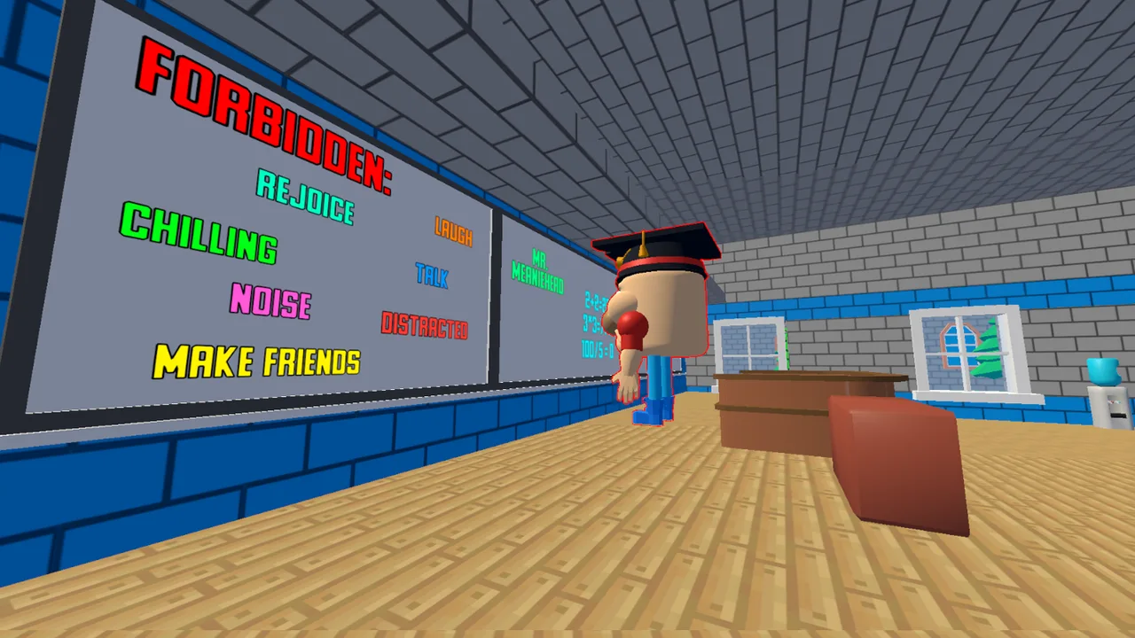 Escape from School: Mr. MeanieHead! classroom with school rules on the board and rows of desks