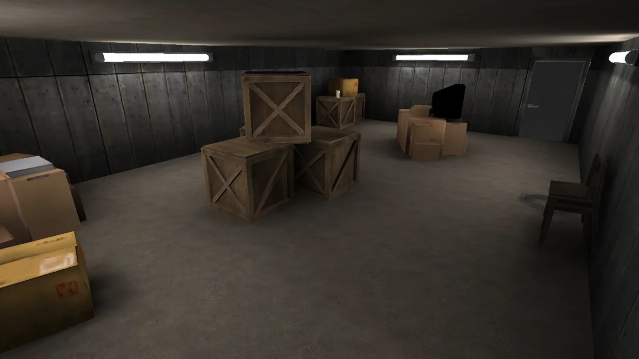 Exit the Backrooms Level 2 dark storage rooms with stacked crates