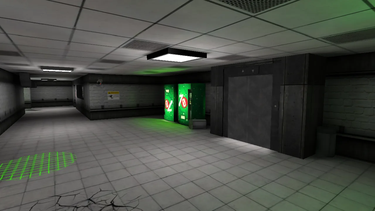 Exit the Backrooms Level 2 lobby with vending machines and a sealed gate