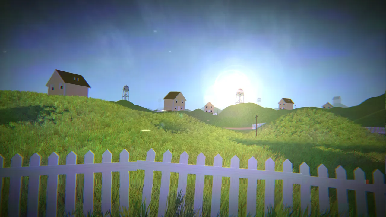 Exit the Backrooms Level 94 cardboard suburb seen from a grassy hill