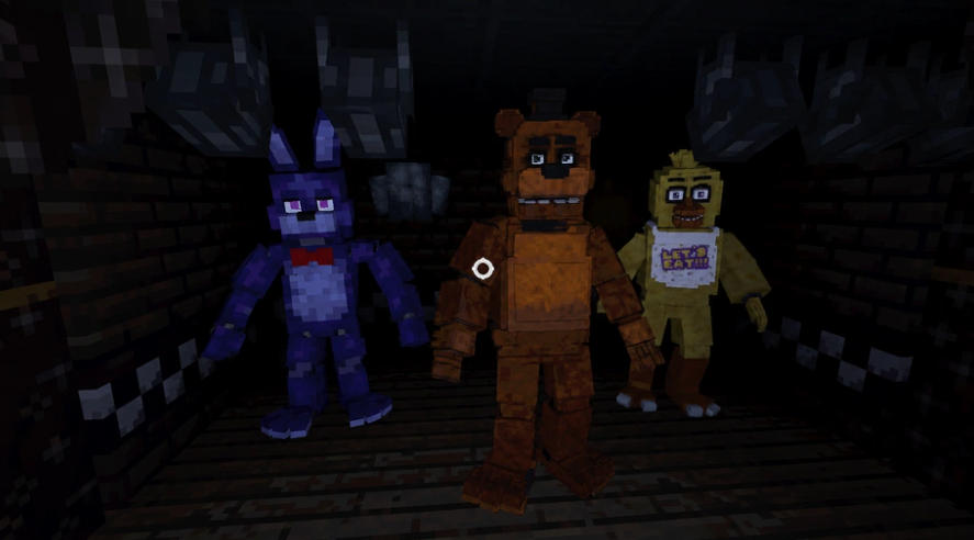Freddy Bonnie e Chica em um corredor escuro