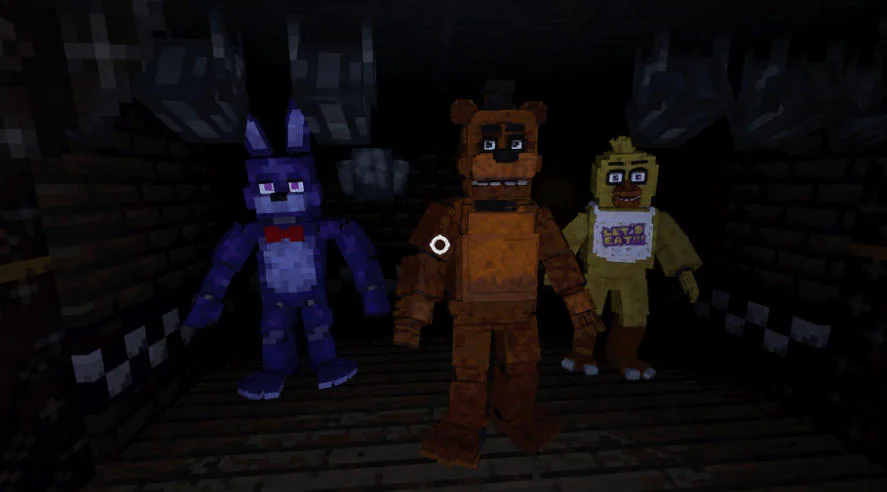 暗い廊下に並ぶFreddy Bonnie Chica