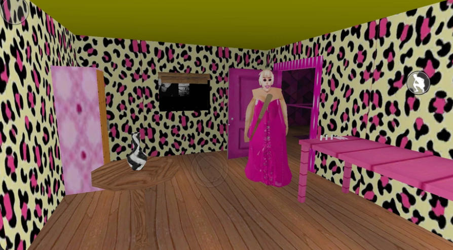 ピンクのヒョウ柄の部屋へ入るGranny Barbie
