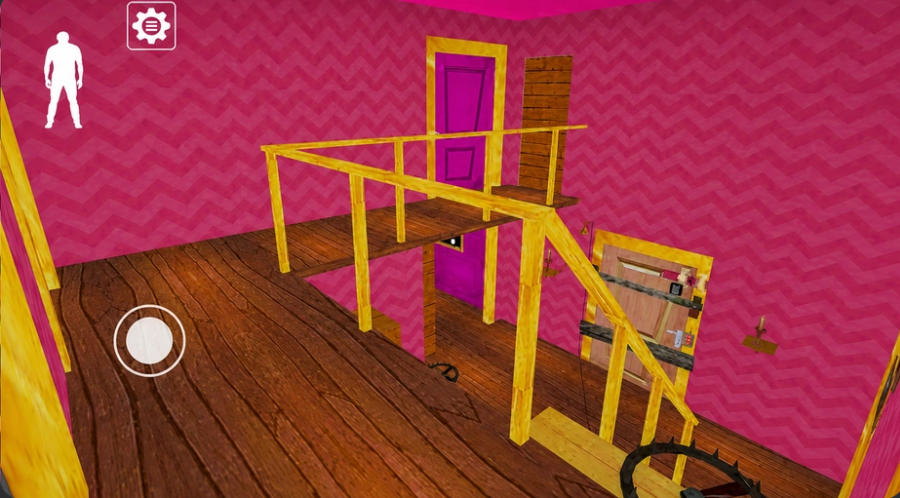 罠と塞がれた扉があるGranny Barbieのピンクの階段