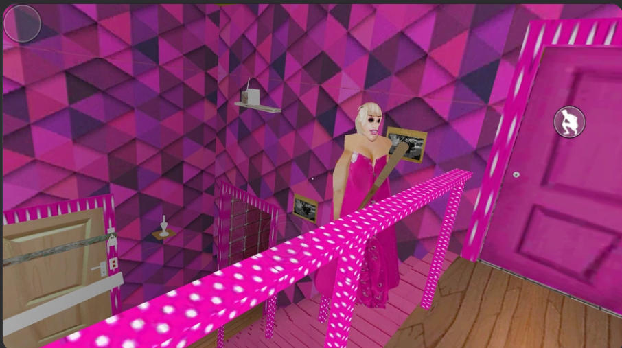 鍵のかかったピンクの扉に近づくバットを持ったGranny Barbie