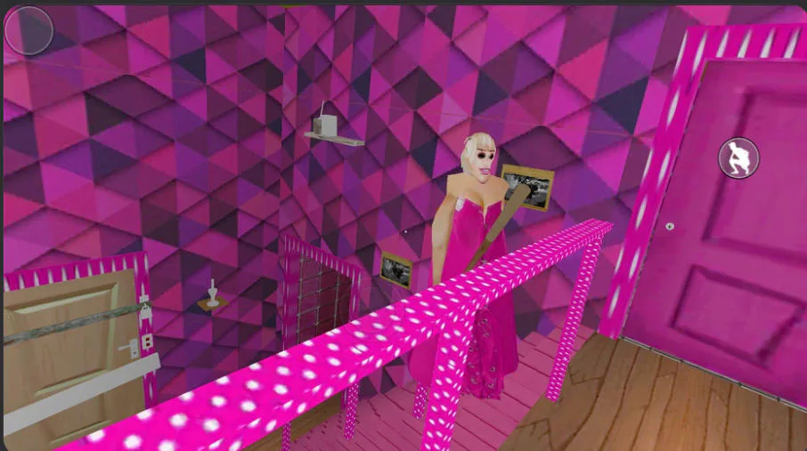 Granny Barbie carrying a bat near a locked pink door