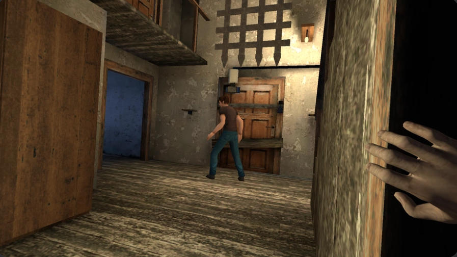 Granny finding the prisoner near a boarded door