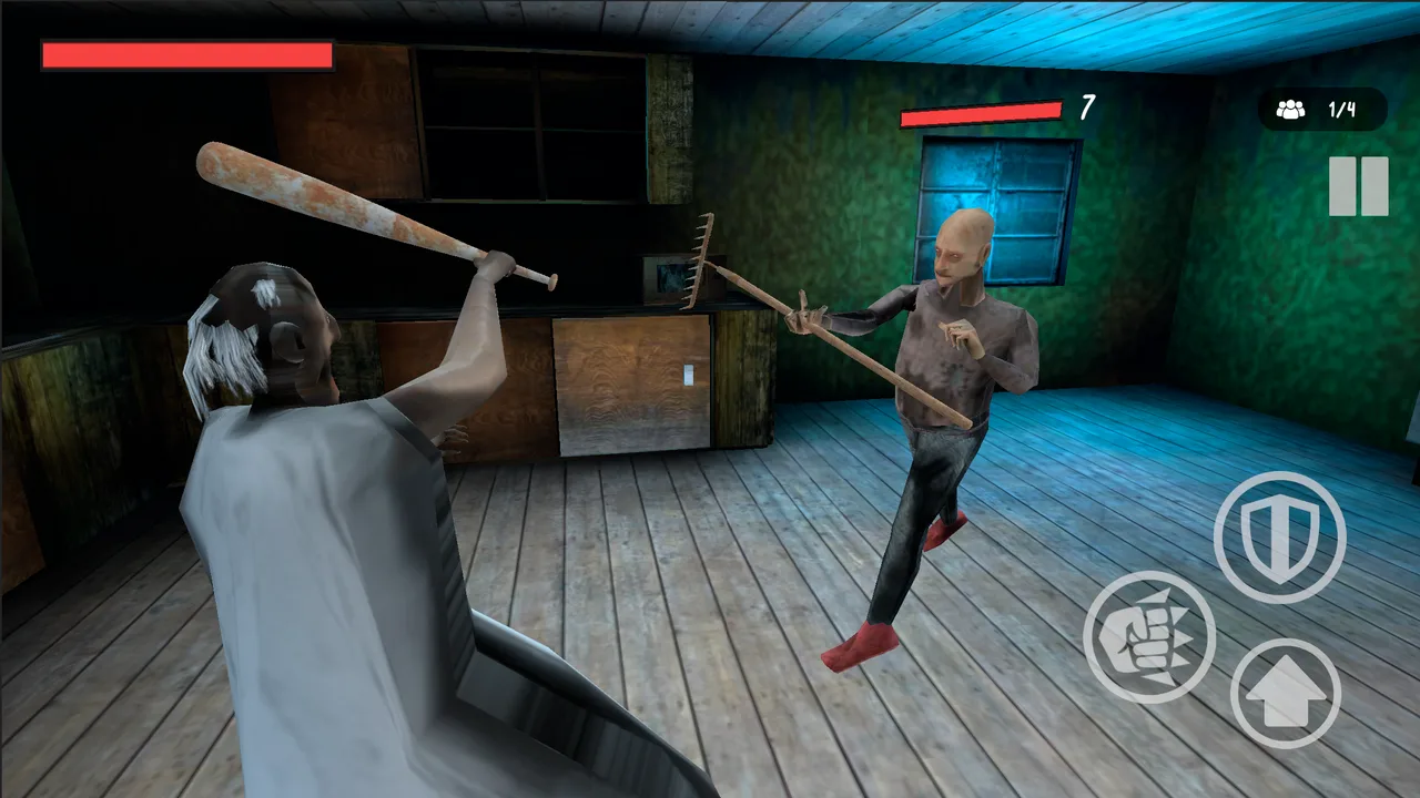 Granny vs Grandpa Online Granny with a baseball bat fighting Grandpa with a rake