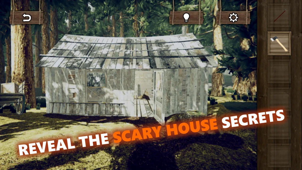Horror House Escape official screenshot showing a greenhouse in the woods and an inventory panel
