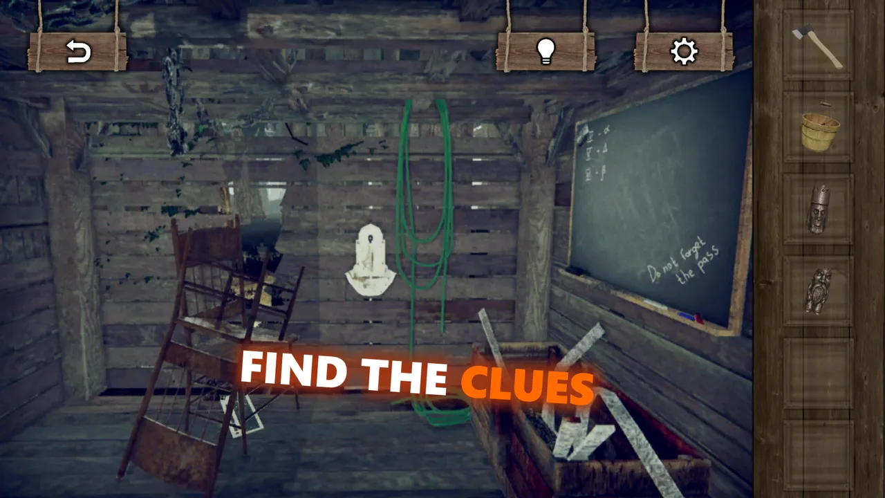 Horror House Escape wooden room with a chair, hanging rope, chalkboard, and collected items