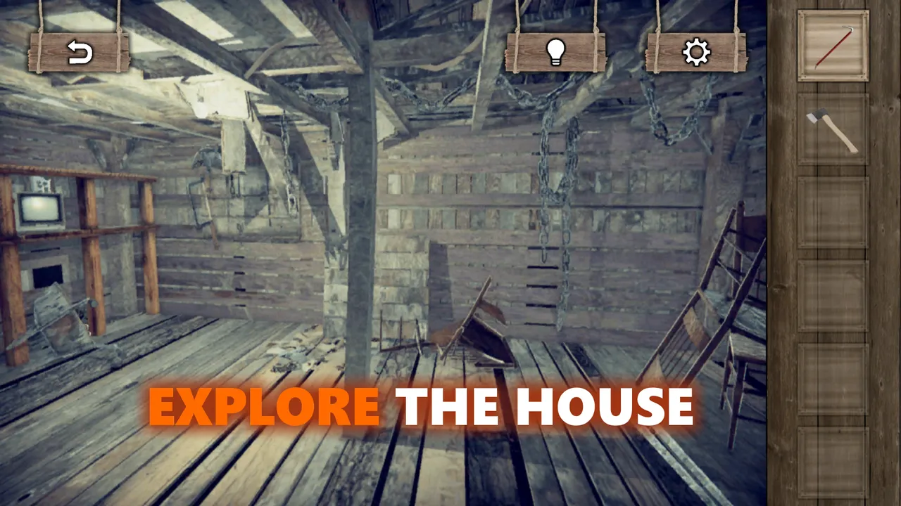 Horror House Escape damaged wooden interior with shelves, a ladder, and an inventory on the right