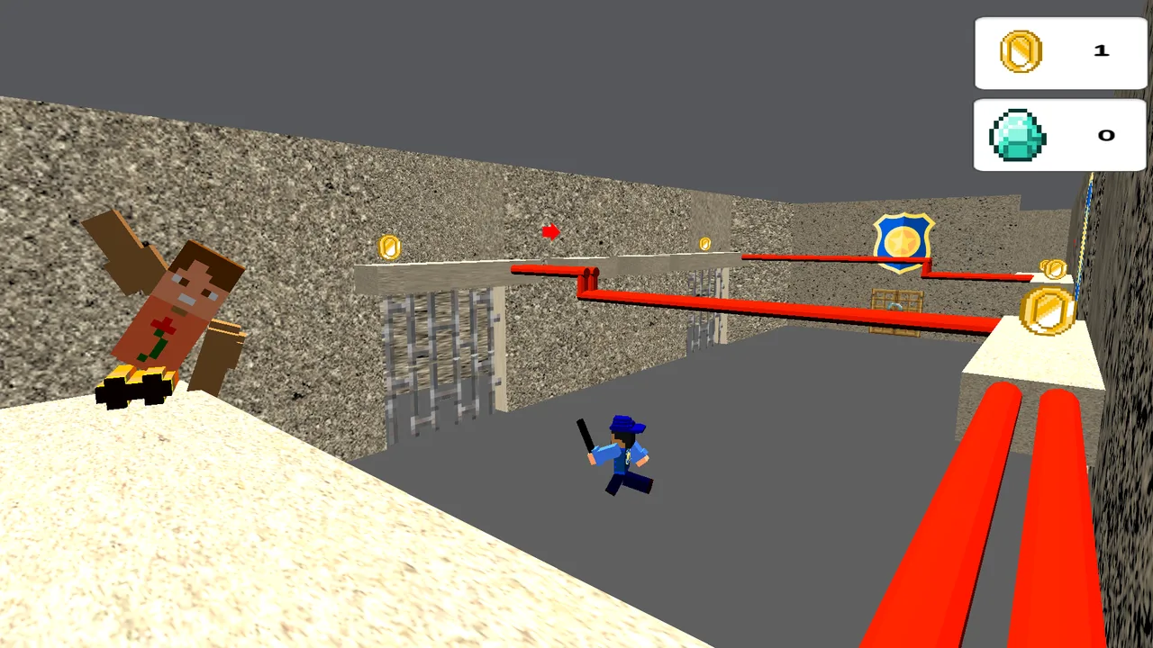 Leave 2: Escape from Prison narrow ledges with red beams, coins, and a guard on a lower level