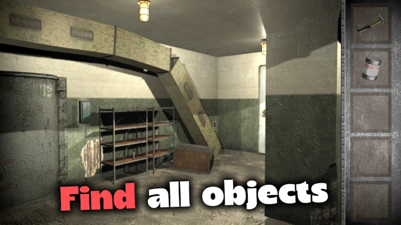Prison Escape: Exit Room Game utility room with shelves, an overhead duct, and the inventory panel