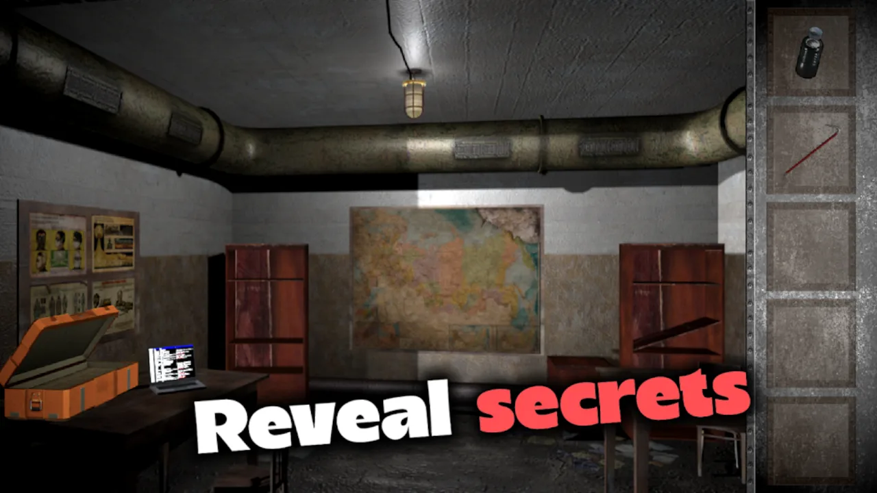 Prison Escape: Exit Room Game office with a wall map, desks, cabinets, and collected items
