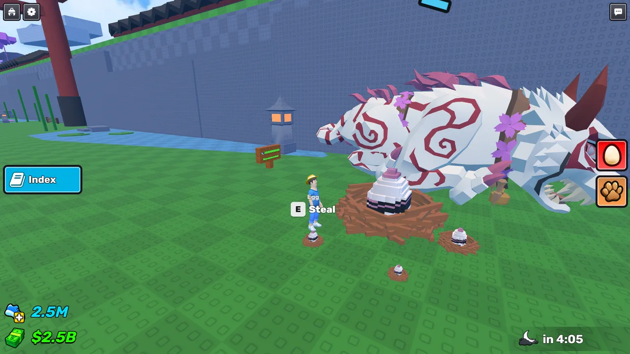 Steal an Egg and Run character beside an egg nest and a giant white creature