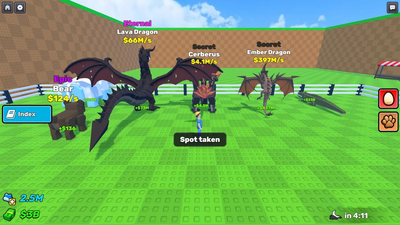 Steal an Egg and Run pet collection with a bear, dragons, and a Cerberus at the base